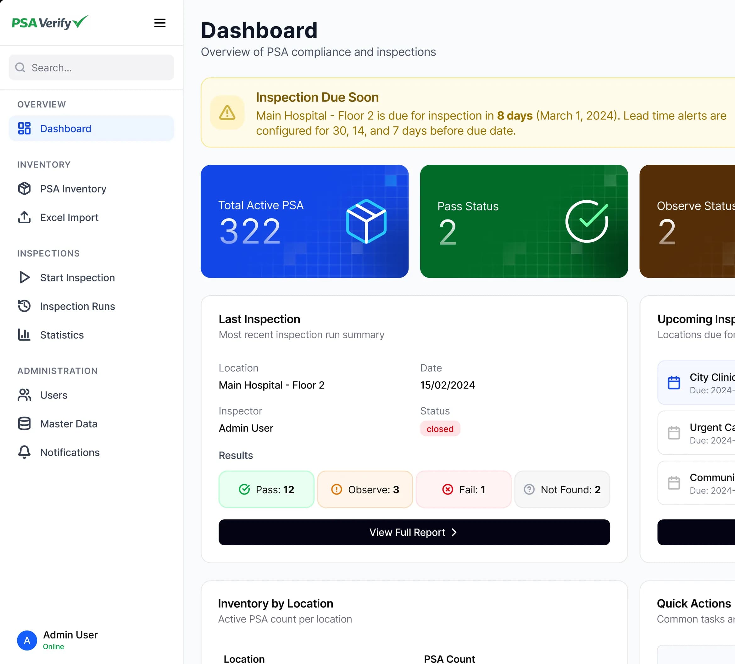 PSA Verify Dashboard-Übersicht